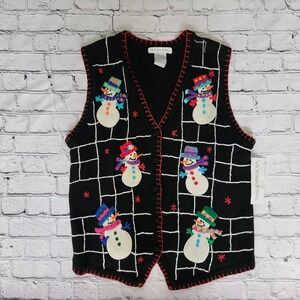 Victoria Jones Size Large Black w Felt Appliqued Snowmen Vest Sweater Christmas